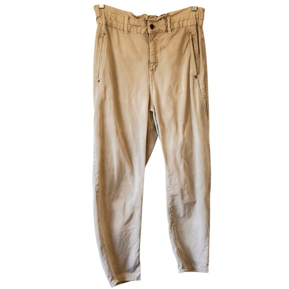 Zara High Rise Barrel Leg Paper Bag Waist Crop Jeans Ecru Color 4 Pockets Size 6 - Picture 2 of 11